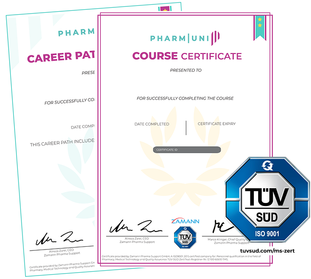 Pharmuni course and career path certificates issued under a TÜV SÜD-certified ISO 9001 quality management system