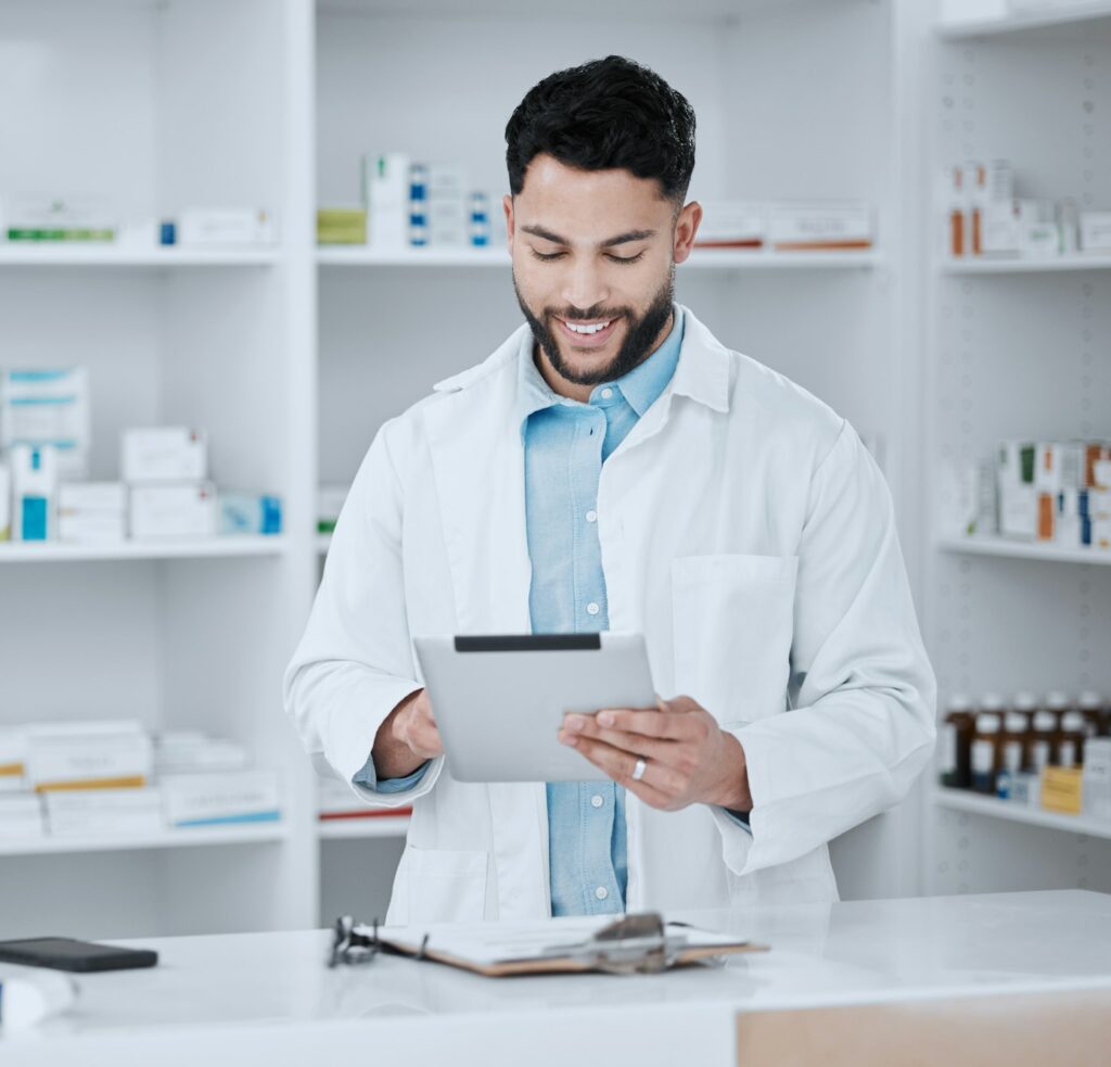 Man, clipboard and pharmacist with checklist for stock, drugs and health with quality assurance. Pi