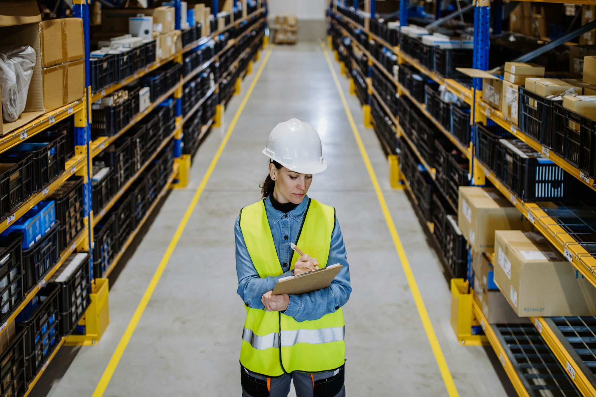 Warehouse female worker checking up stuff in a warehouse.