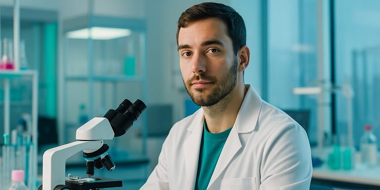 Focused scientist in a modern GMP lab, representing evidence-based pharma regulation and global drug safety.