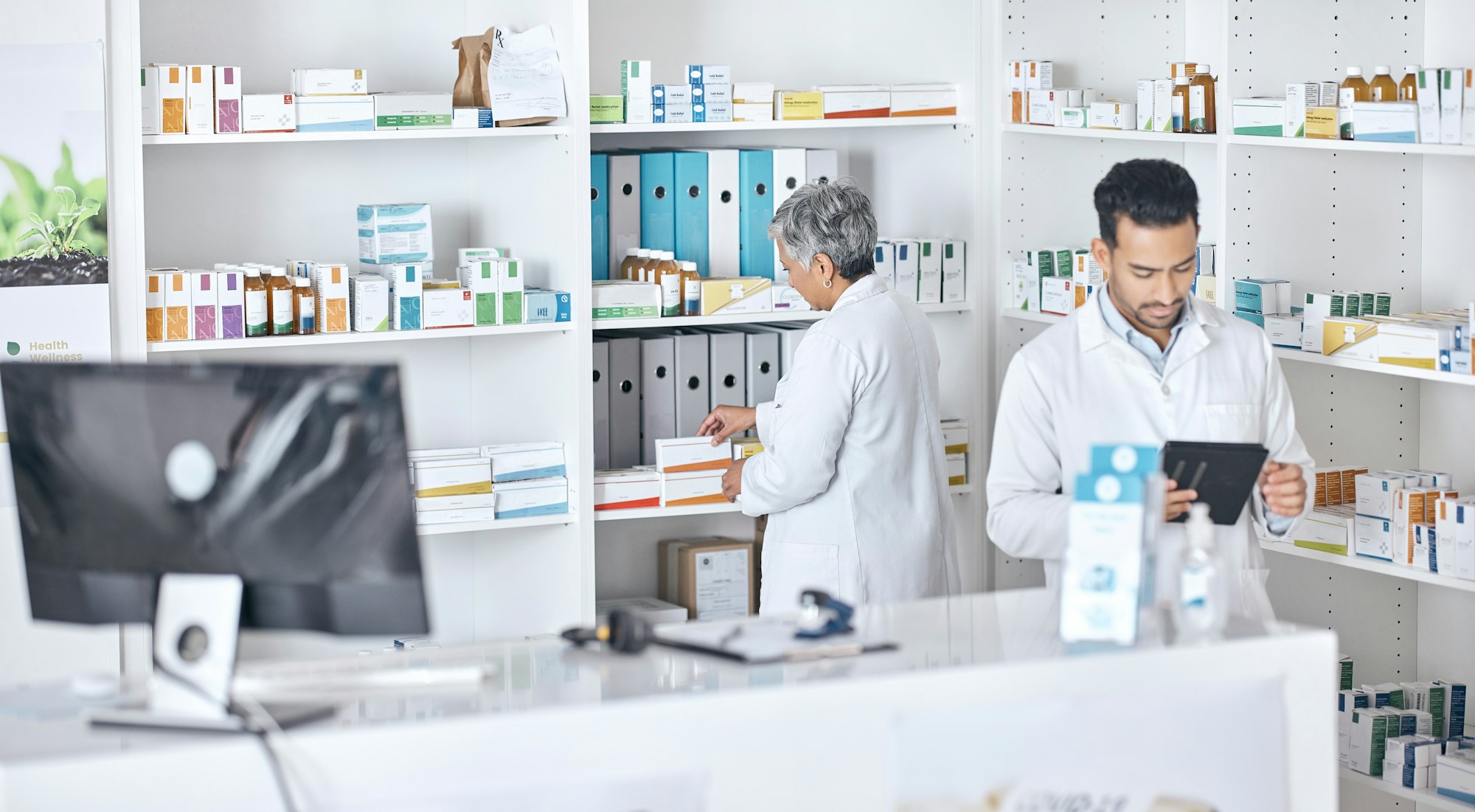 Pharmacy tablet, collaboration and team inspection of healthcare medicine, quality assurance or sto