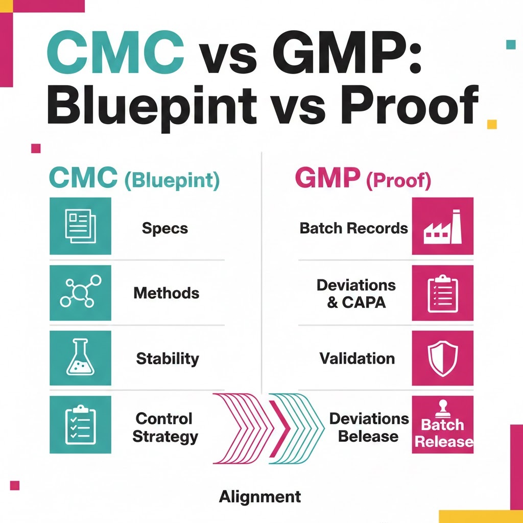 CMC writes the blueprint. GMP proves it on the shop floor.