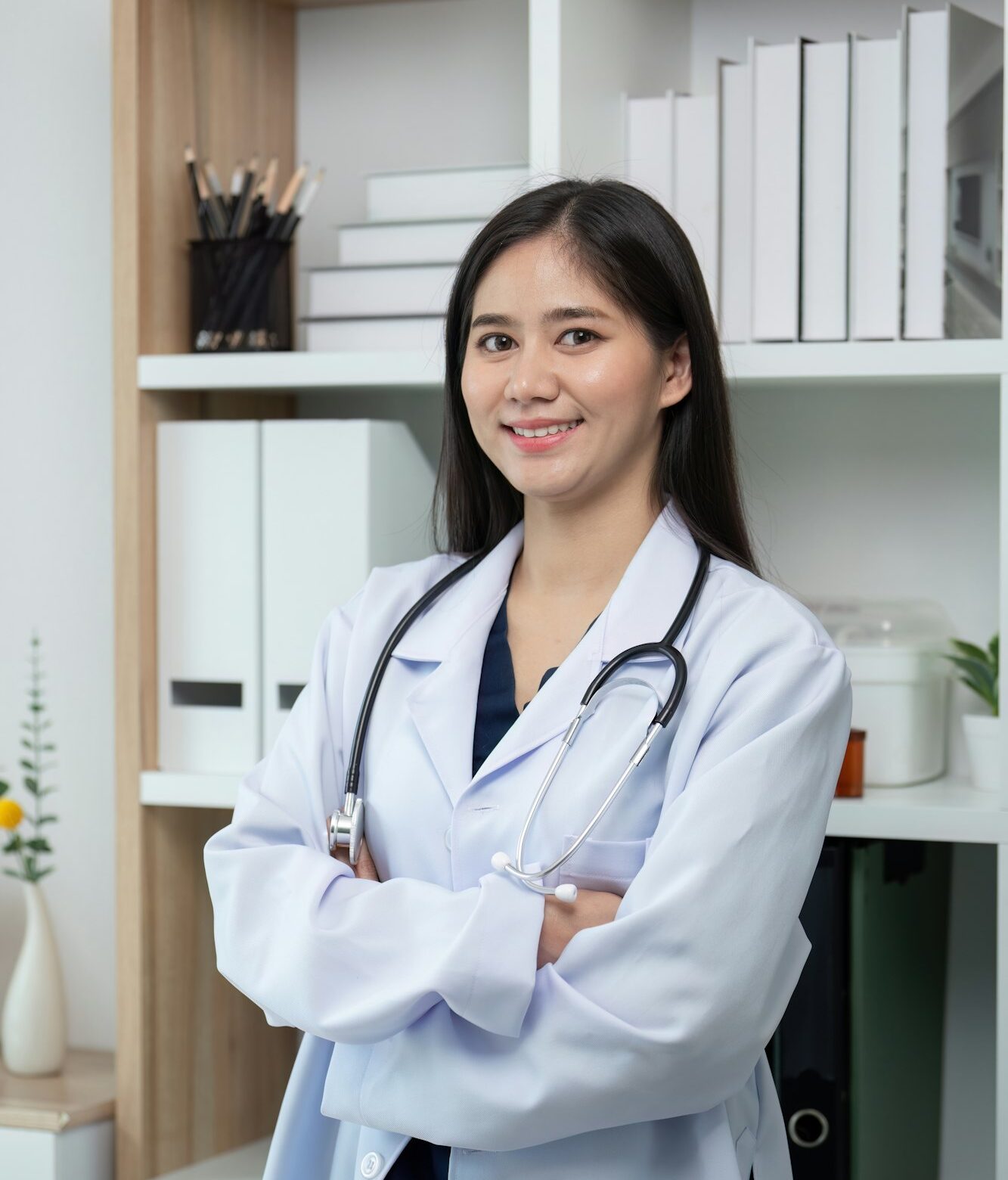 Confident Female Doctor in White Coat with Stethoscope Standing in Modern Medical Office