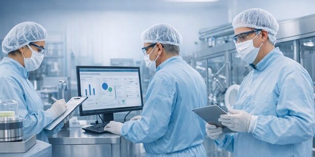Cleanroom scene showing inspectors implementing contamination control strategy, tracking microbial contamination pharma, and performing environmental monitoring to prevent GMP contamination failures.