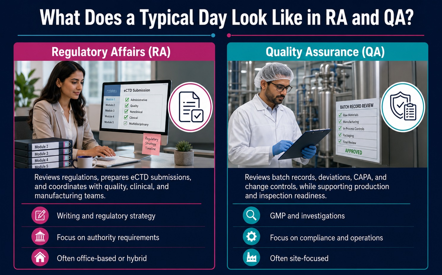 RA focuses on submissions and regulatory strategy, while QA protects GMP compliance through daily quality oversight.
