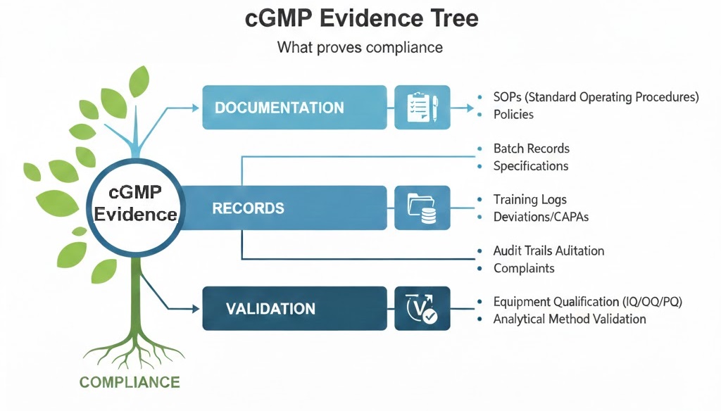 The cGMP Evidence Tree shows how high-level compliance is rooted in granular data