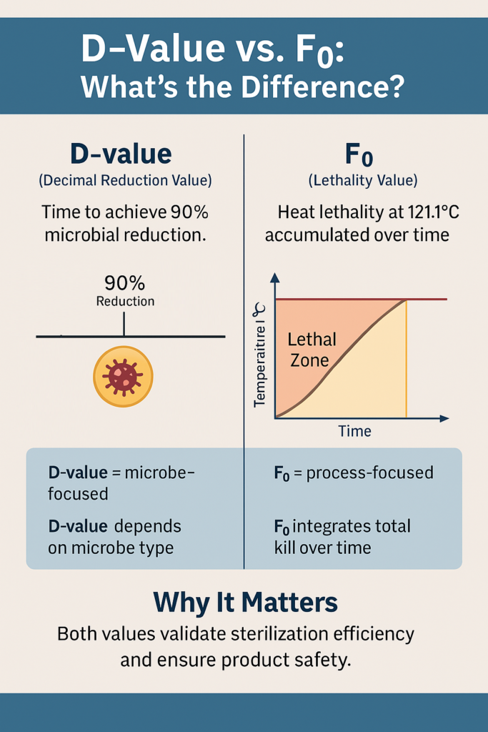 During validation, the sterilization process compares D-value and F₀.