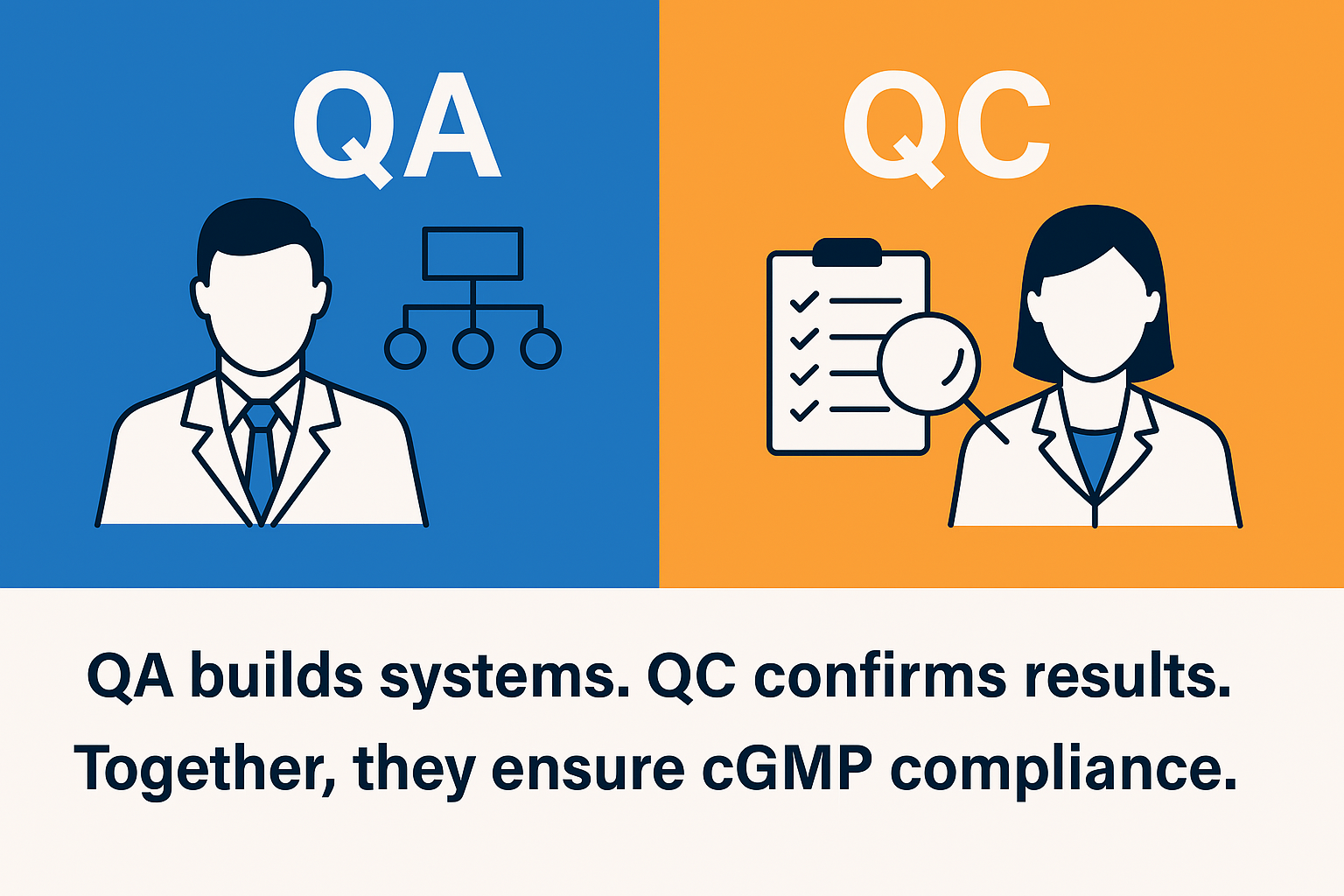 QA builds systems. QC confirms results. Together, they ensure cGMP compliance.