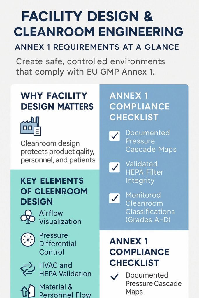Annex 1 outlines cleanroom design for sterile manufacturing areas.