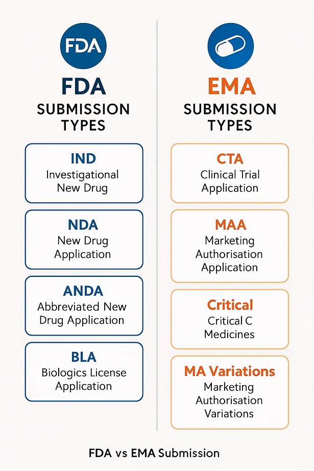 A side-by-side comparison of FDA and EMA submission types for drugs and biologics.