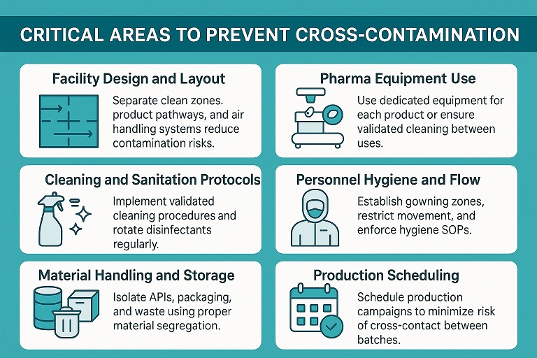 Dedicated zones and validated cleaning processes reduce pharma contamination risk.