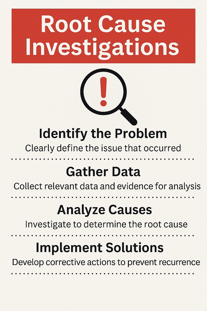 Every root cause investigation in CAPA documentation must follow a structured, step-by-step process.