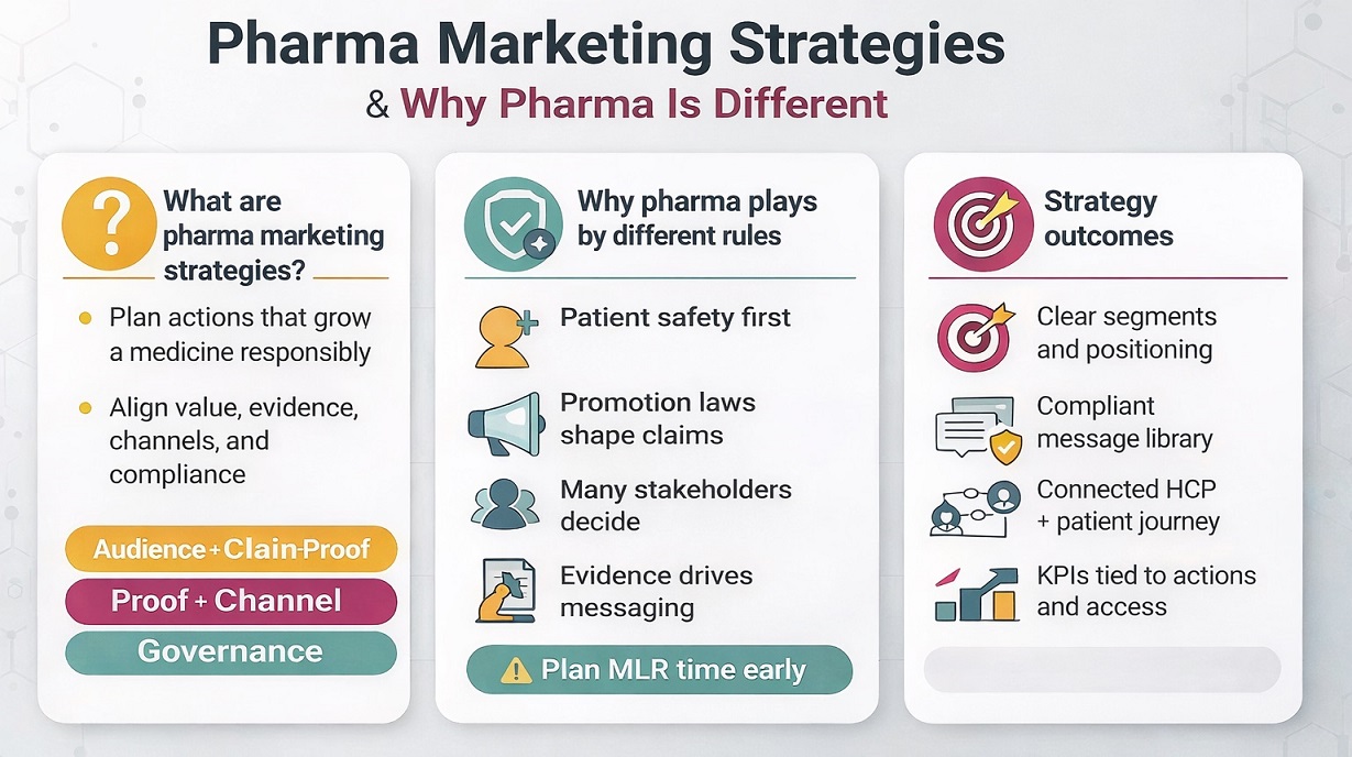 Pharma strategy: proof, channels, compliance.