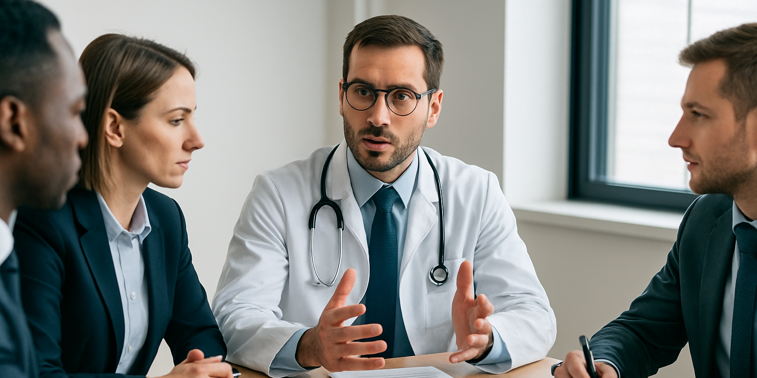 A doctor discusses critical compliance updates with the pharmaceutical team.