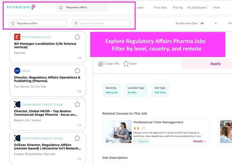 Explore Regulatory Affairs Pharma Jobs Filter by level, country, and remote