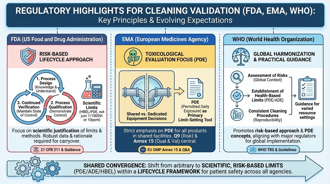 Regulatory Highlights for Cleaning Validation (FDA, EMA, WHO)