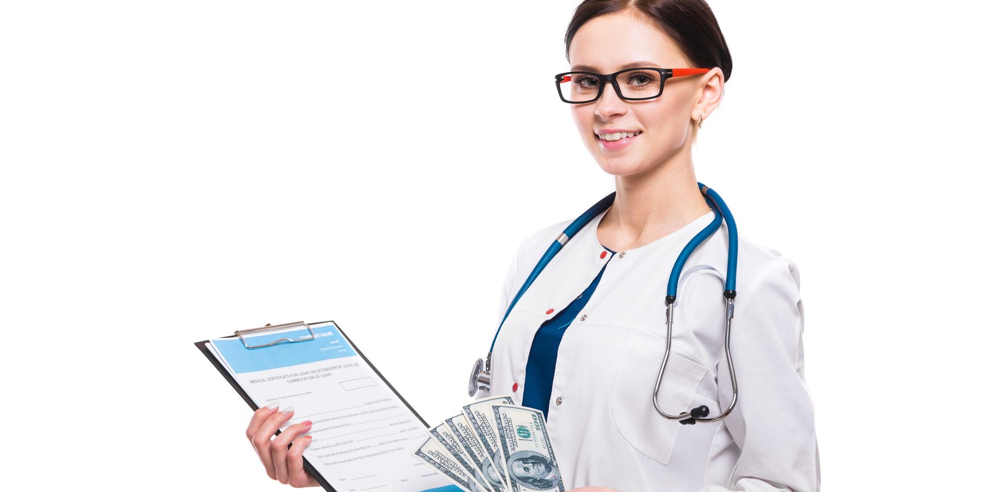 Young beautiful female doctor holding clipboard and money in her hands on white background