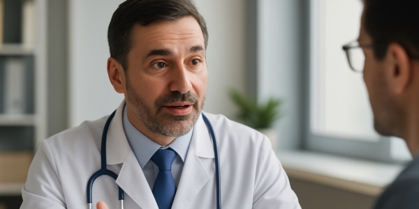 A doctor explains treatment options during a detailed consultation.