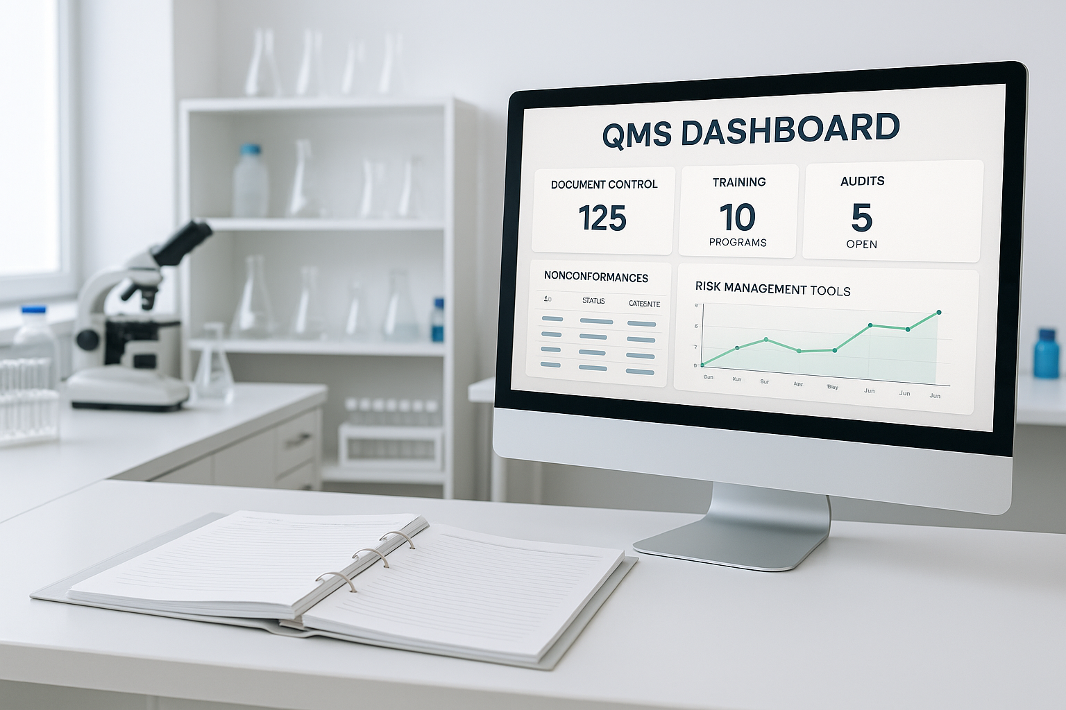A quality systems dashboard helps track compliance across GMP, ISO 9001, and FDA standards.