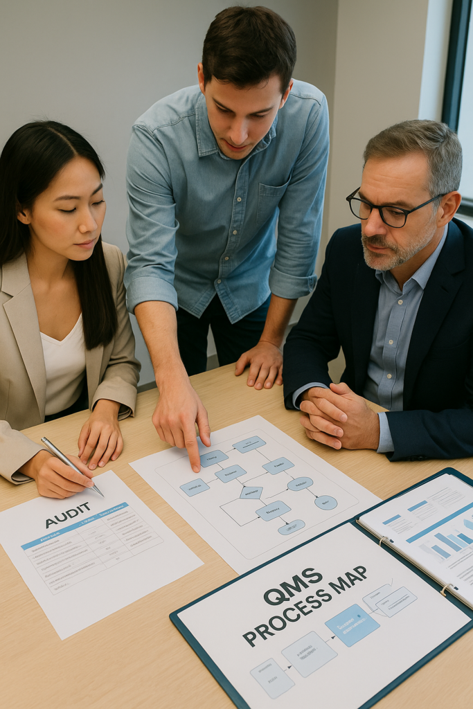 A team working together improves quality systems clarity and compliance.