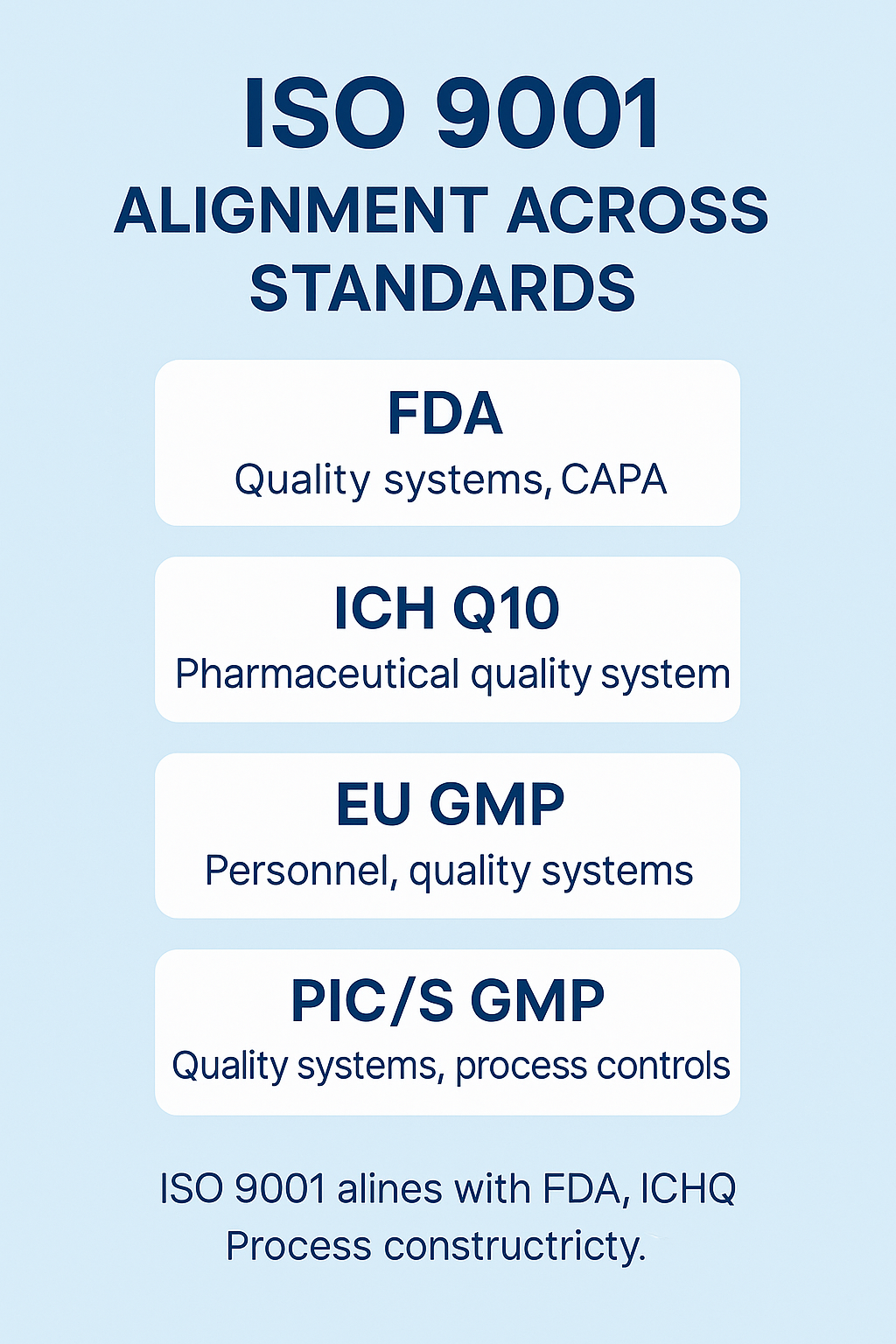 A visual breakdown aligning quality systems standards for faster understanding.