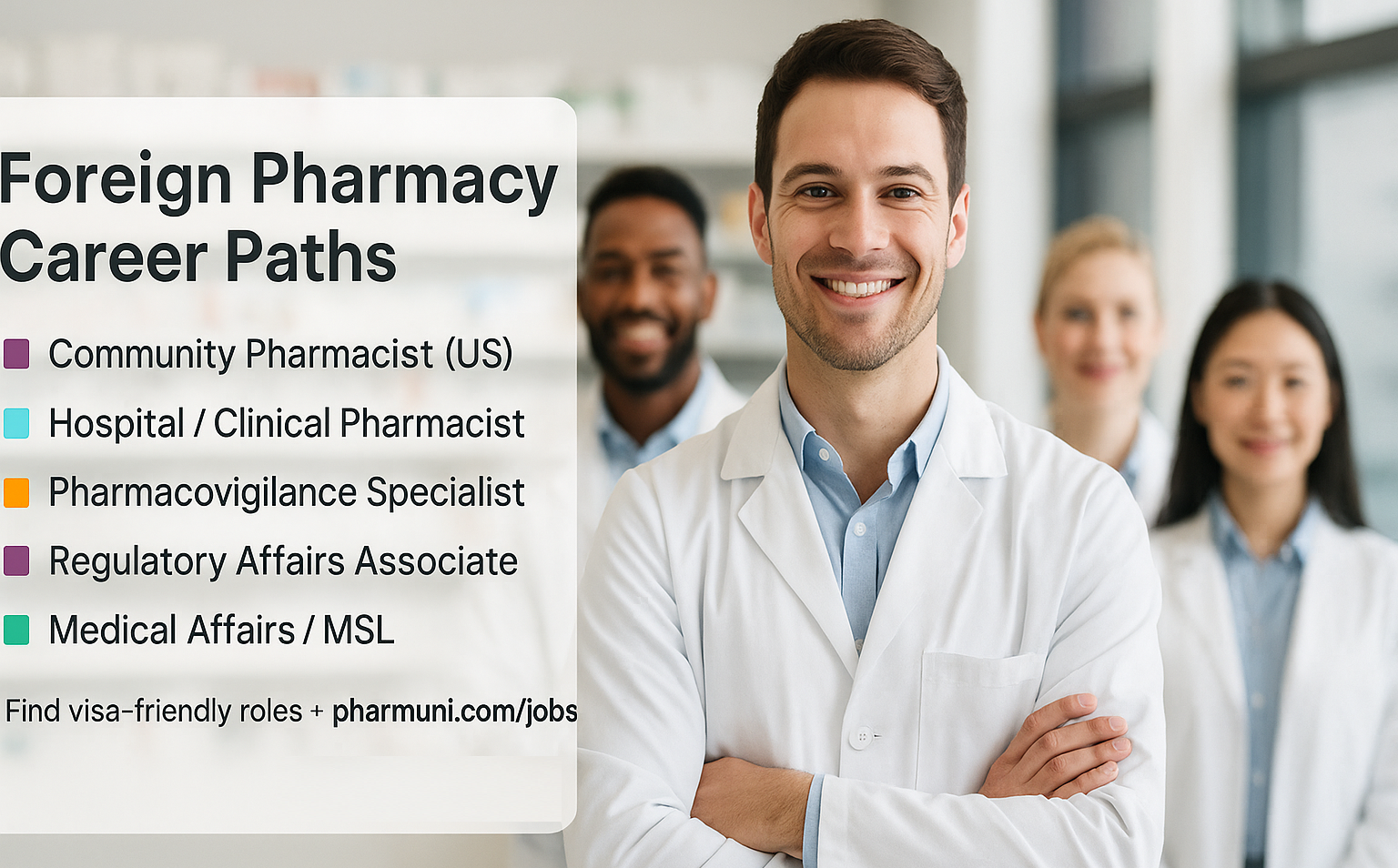 Foreign pharmacy career paths—see five options, then apply at pharmuni.com/jobs.