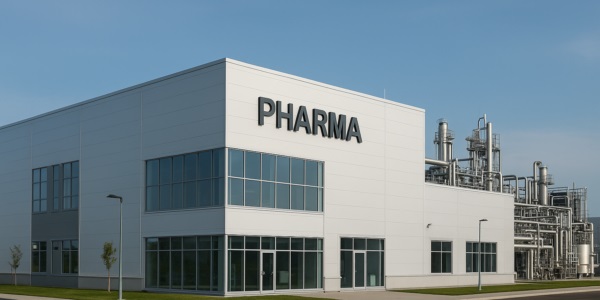 Modern pharma factory exterior showcasing advanced infrastructure for GMP certified production and global compliance.