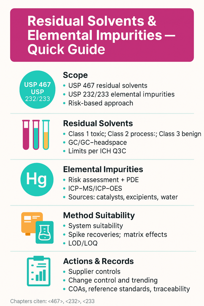 Risk-based assessments control residual solvents and elemental impurities across the lifecycle.