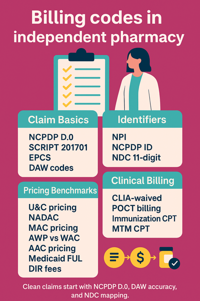 Optimize margins: track NADAC, MAC pricing, U&C pricing; bill CLIA-waived, Immunization CPT, MTM CPT.