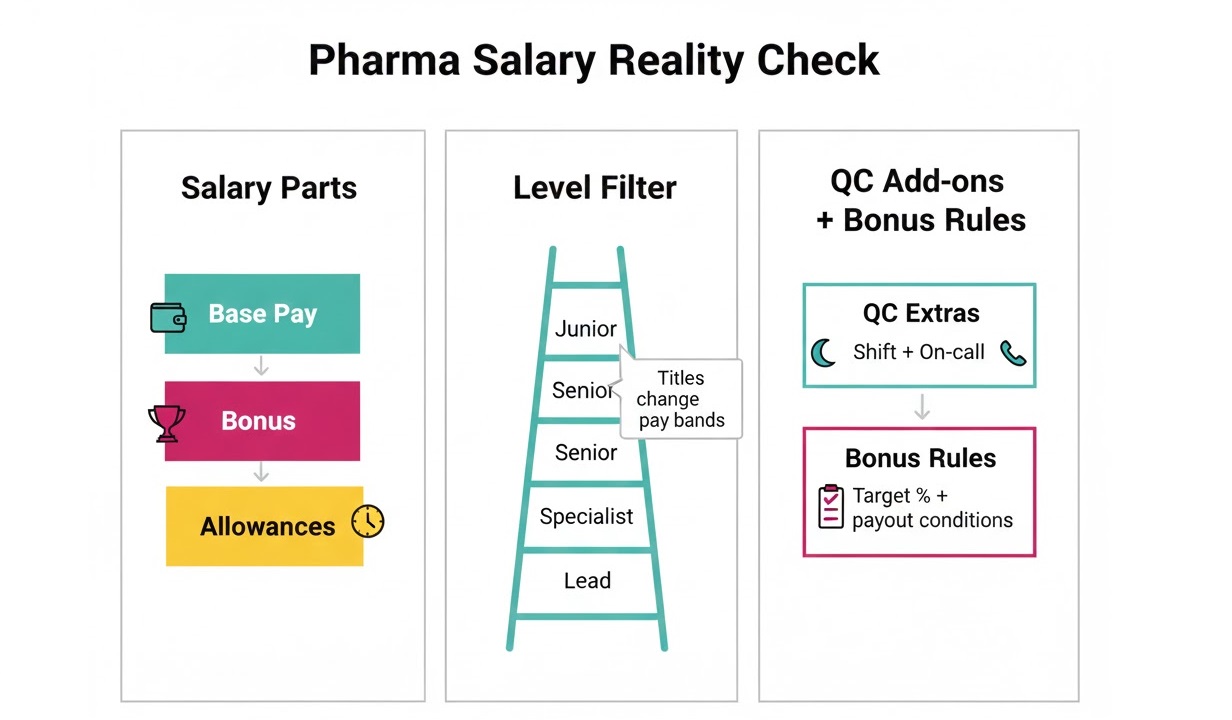 Pharma Salary Reality Check: Base + bonus + allowances = real take-home.