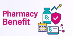 Pharmacist with pill bottle and benefits card shows how pharmacy benefit guides access and cost.