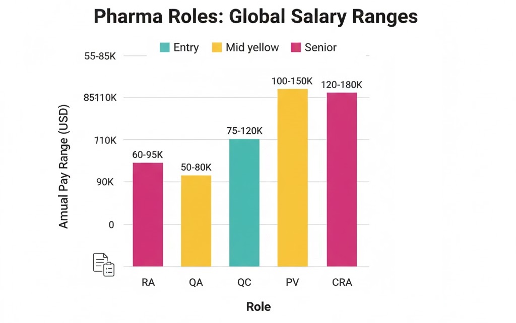 RA vs QA vs QC vs PV vs CRA—compare pay by Entry, Mid, Senior.