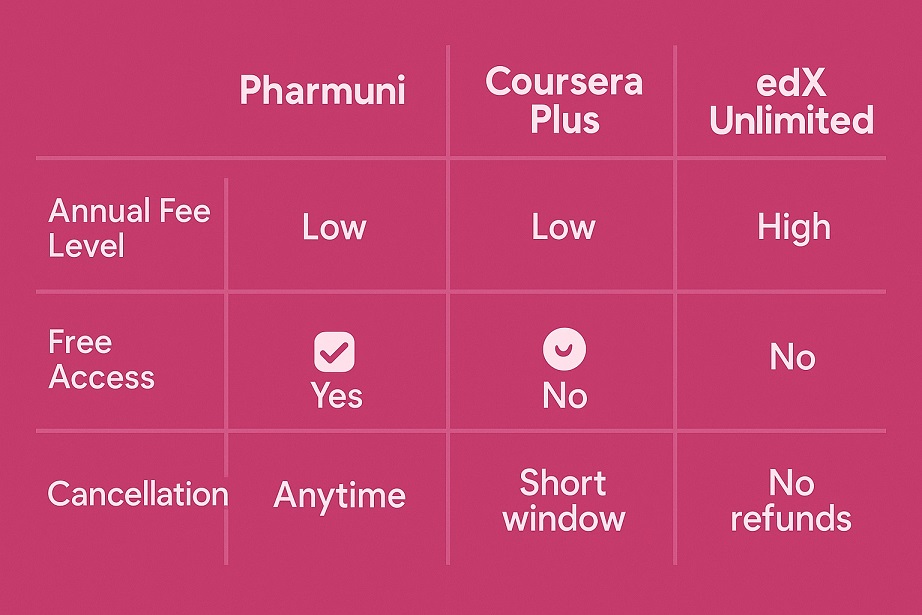 Compare providers fast: fee level, free access, and cancellation at a glance.