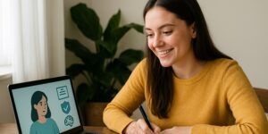 Level up from home she completes her online pharma course and takes notes for her next step