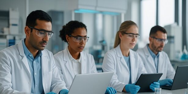 Upskilling in action: scientists complete an online GMP module in a modern lab.