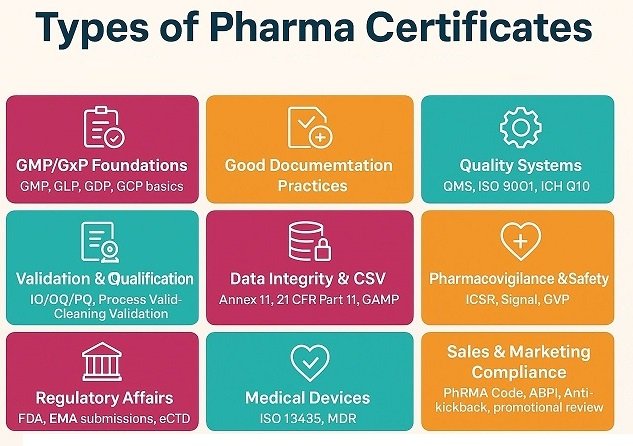 Types of Pharma Certificates—GMP to CSV to GVP at a glance. Upskill with Pharmuni Career Paths and ISO-9001 certificates.