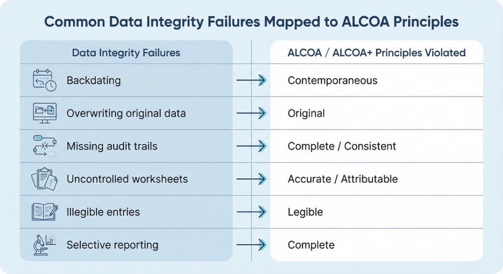 Common data integrity failures: missing entries, late records, and unclear ownership.