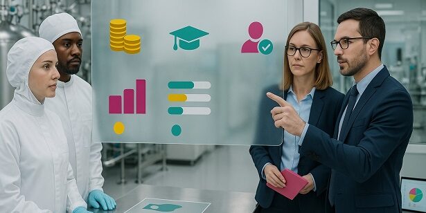 Cost-conscious GMP team reviewing audit, training, and consultant investments inside a modern pharma facility.