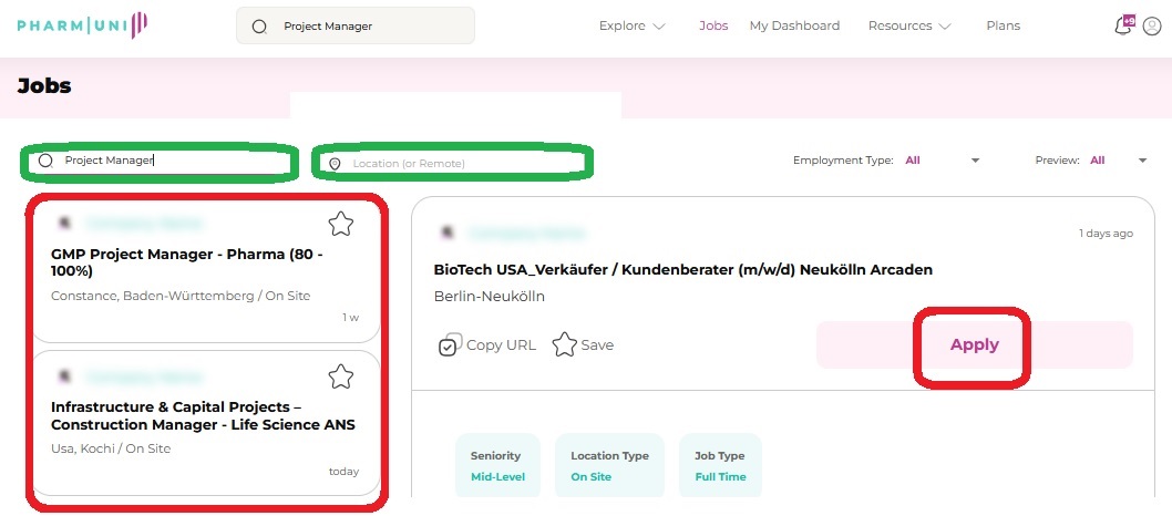 Targeted search for Pharma Project Managers