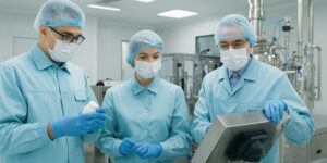 Team of EU GMP-trained professionals inspecting a sterile production line in a modern European pharma facility.
