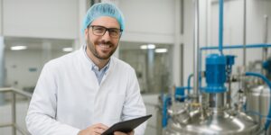 Leading the line: pharma production manager checking GMP batches on his digital tablet.