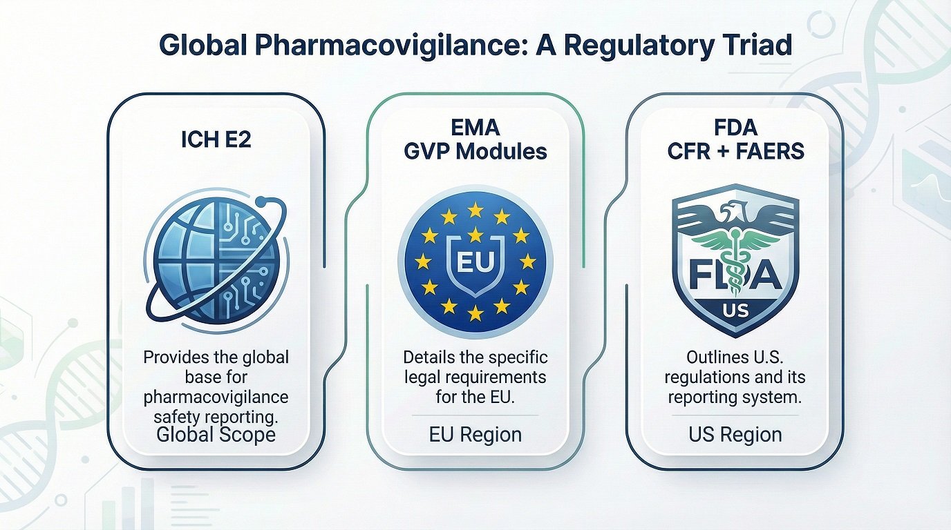See how ICH E2 connects with EMA GVP and FDA safety rules at a glance.