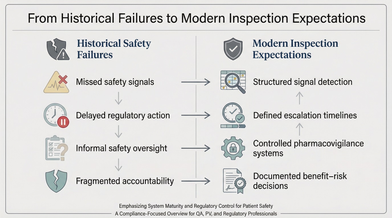 The pharmacovigilance history of past failures explains why inspections emphasize system