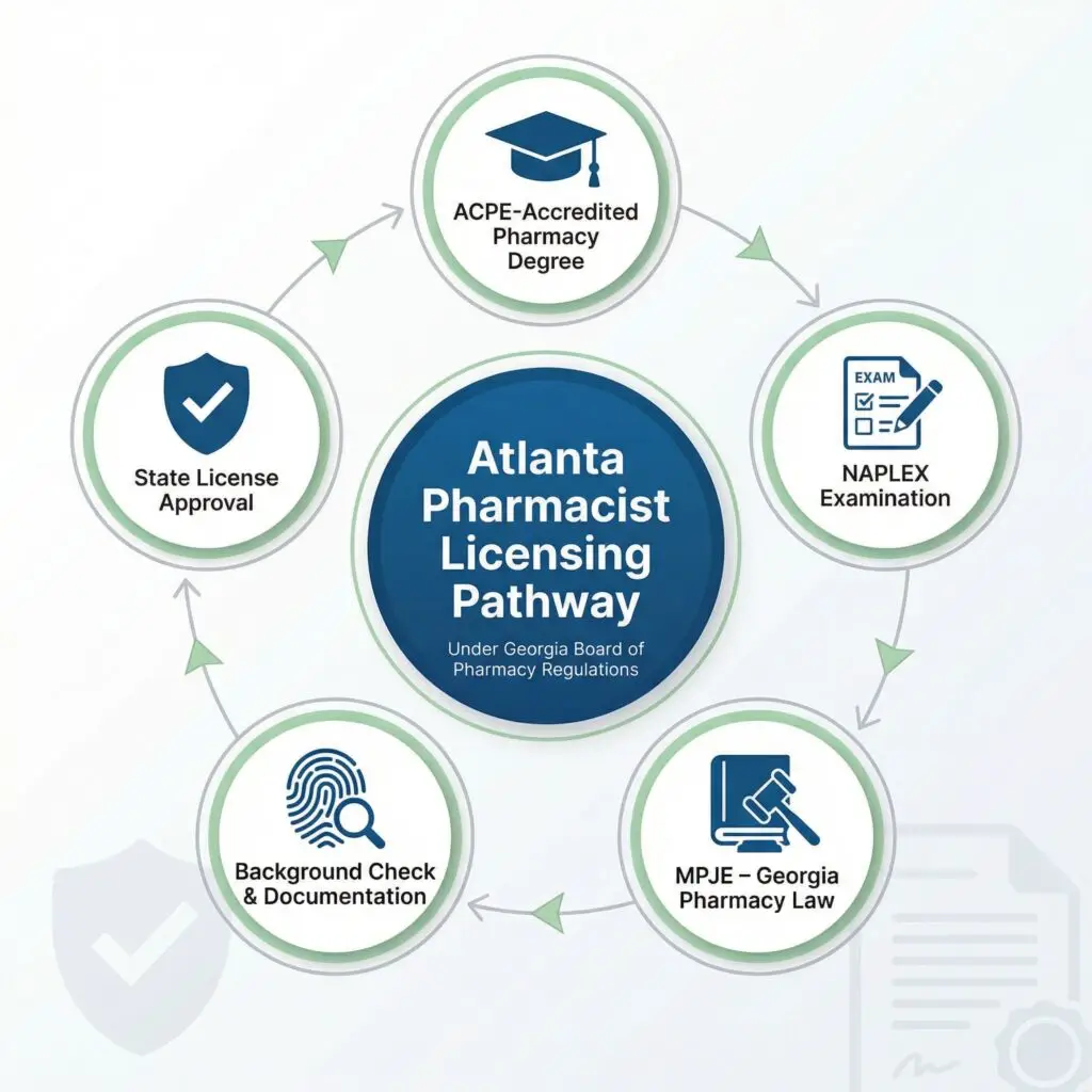 Circular infographic showing Georgia Board of Pharmacy license pathway for pharmacist jobs in Atlanta, including NAPLEX, MPJE, background check, and state approval requirements.