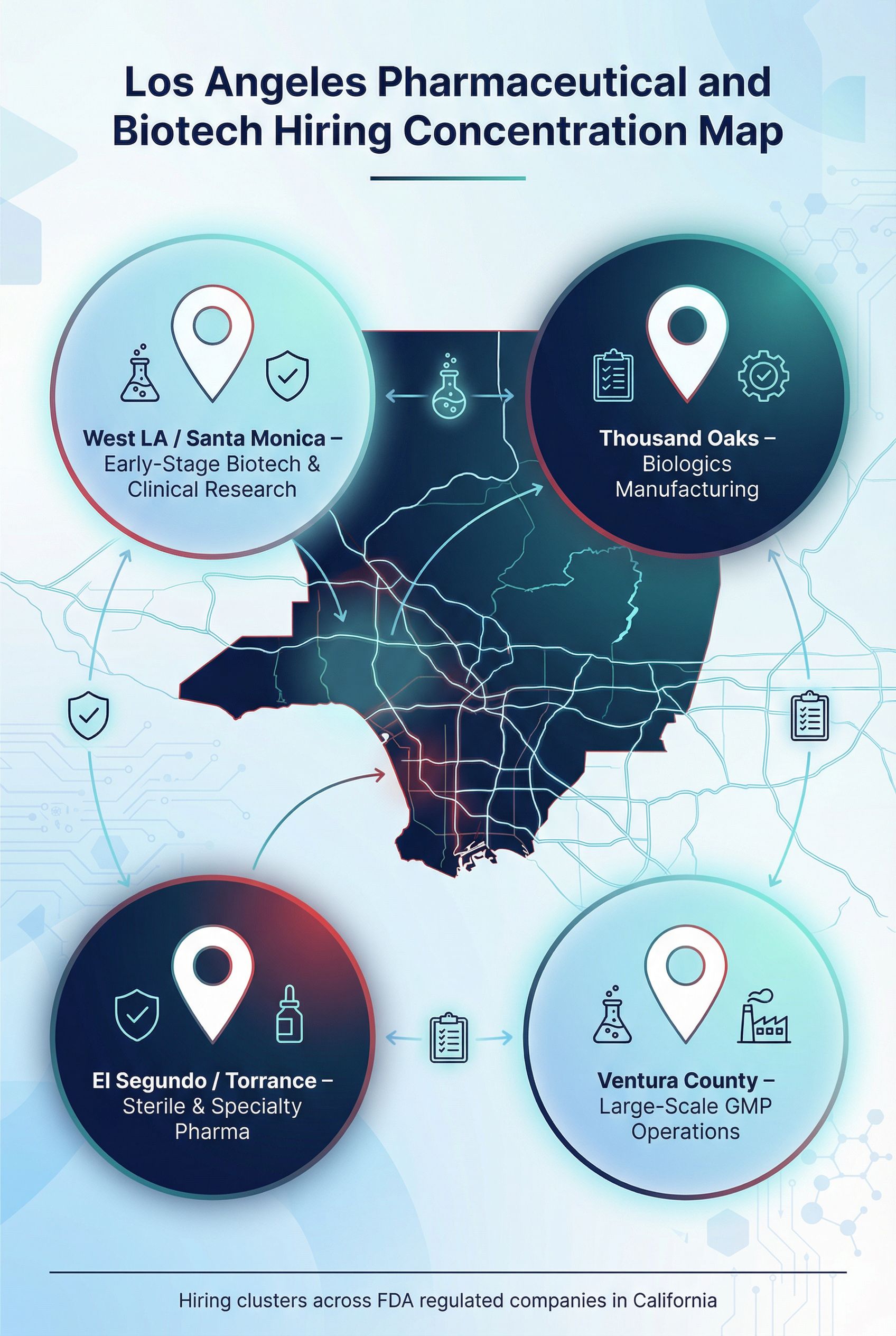 Map of pharmaceutical companies in Los Angeles and biologics manufacturing hubs driving biotech jobs Los Angeles California.