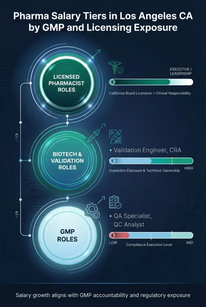 Los Angeles CA pharma salary tiers comparing GMP jobs, biotech roles, and pharmacist pay by compliance and licensing exposure.