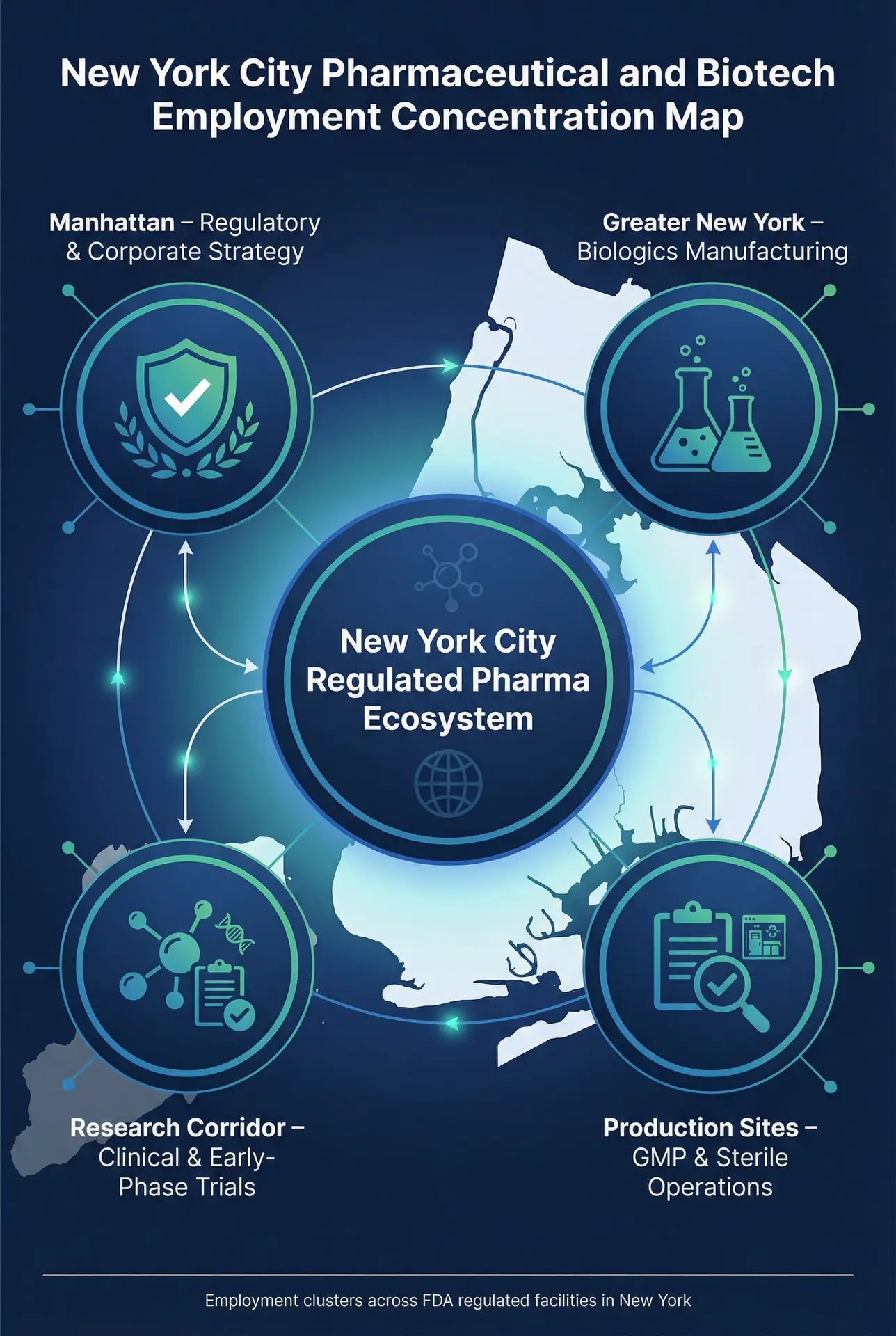Biotech jobs in New York City and regulated pharmaceutical companies employment concentration across NYC.