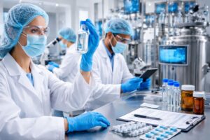 Biologics production facilities Houston with sterile manufacturing compliance and FDA inspections Texas standards in a regulated GMP laboratory setting.