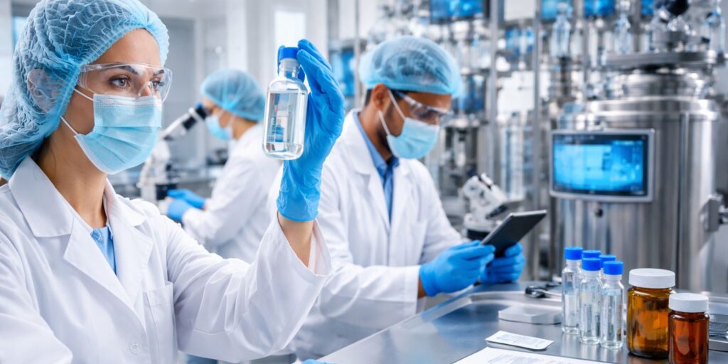 Biologics production facilities Houston with sterile manufacturing compliance and FDA inspections Texas standards in a regulated GMP laboratory setting.