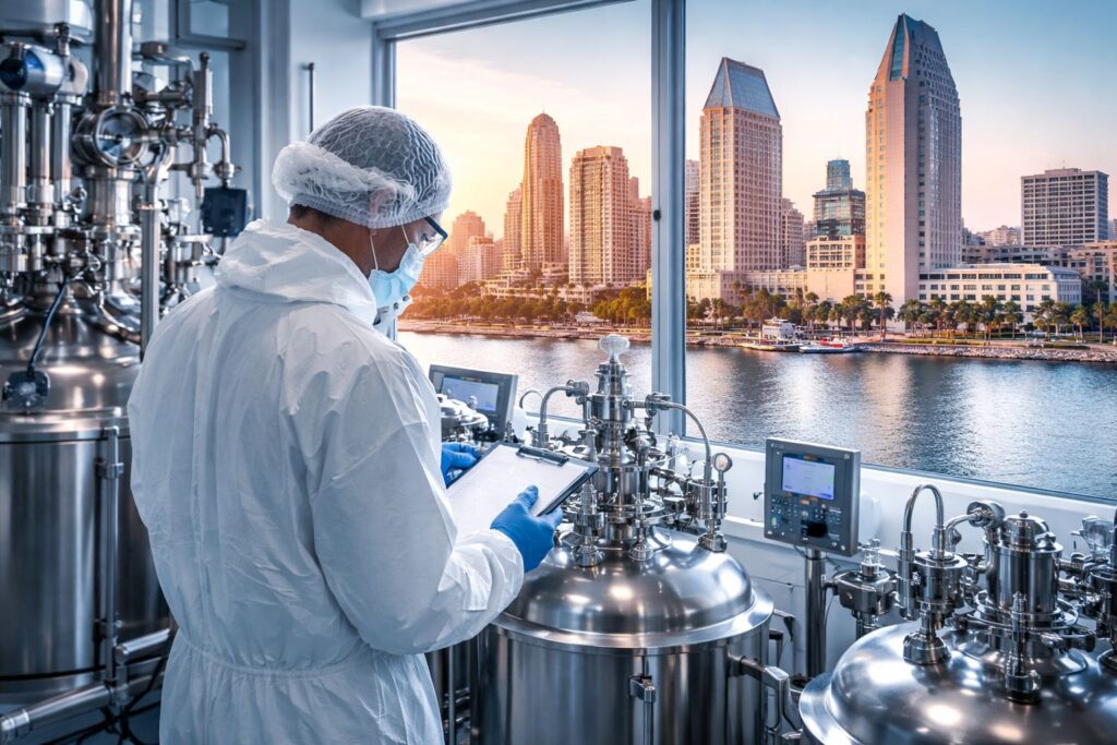 Biotech GMP manufacturing facility in San Diego showcasing FDA inspections California standards and GMP compliance San Diego operations.